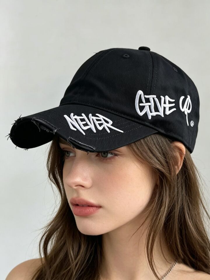 Valkyrie Unisex Siyah Never Give Up Nakışlı Baseball Şapka Ayarlanabilir Vintage Streetwear Spor Kep