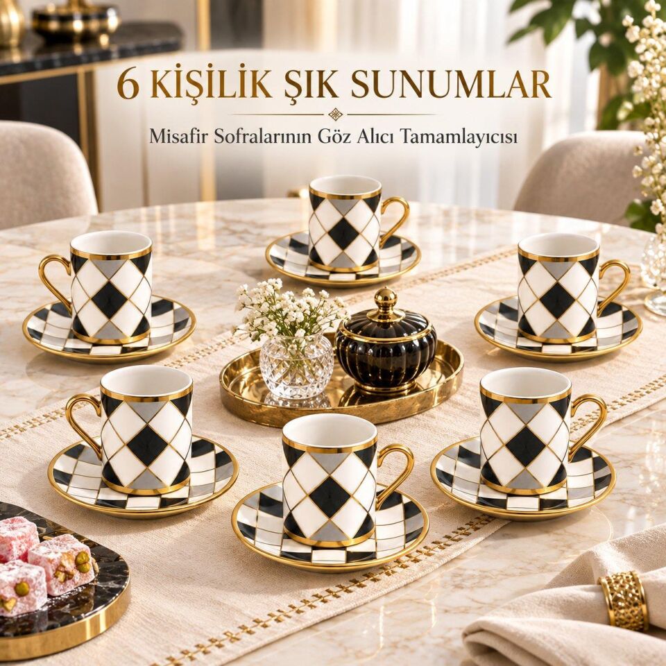 Valkyrie 6 Kişilik 12 Parça Türk Kahvesi Fincan Seti Gold Kulplu Siyah Beyaz Baklava Desen K654-C