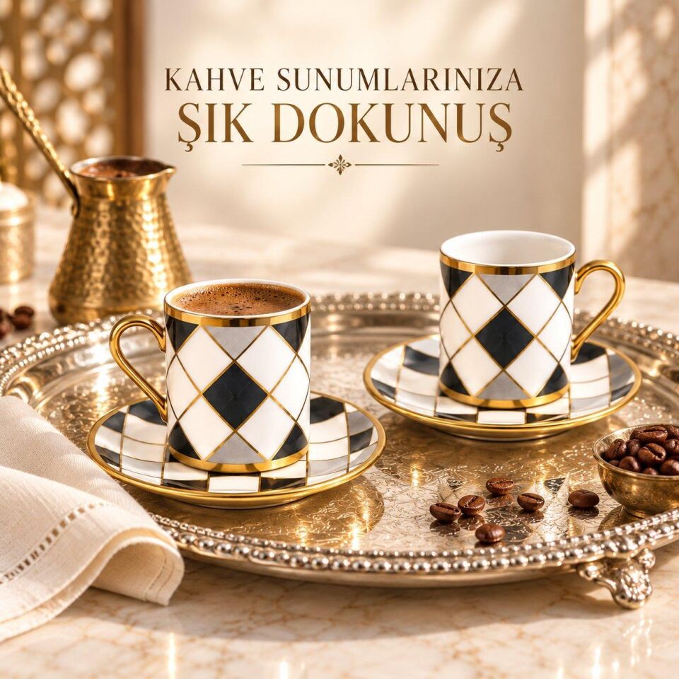 Valkyrie 6 Kişilik 12 Parça Türk Kahvesi Fincan Seti Gold Kulplu Siyah Beyaz Baklava Desen K654-C