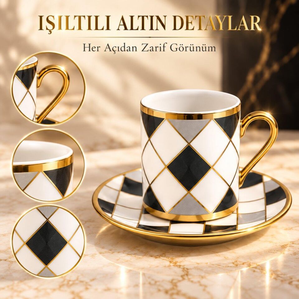 Valkyrie 6 Kişilik 12 Parça Türk Kahvesi Fincan Seti Gold Kulplu Siyah Beyaz Baklava Desen K654-C