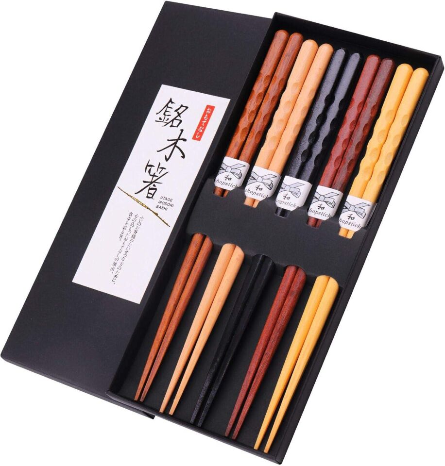 Valkyrie 5 Çift Doğal Ahşap Japon Yemek Çubuğu Seti 22,4 cm Kaymaz El Oyması Kutulu Chopstick Seti