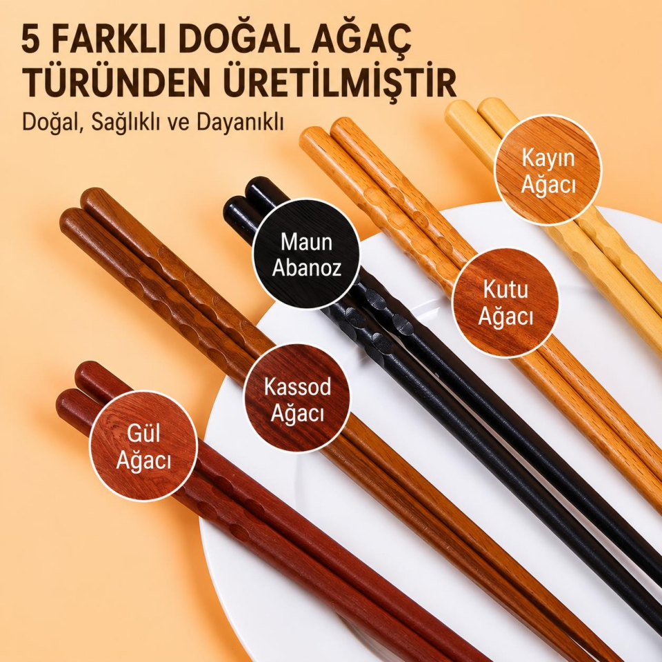 Valkyrie 5 Çift Doğal Ahşap Japon Yemek Çubuğu Seti 22,4 cm Kaymaz El Oyması Kutulu Chopstick Seti