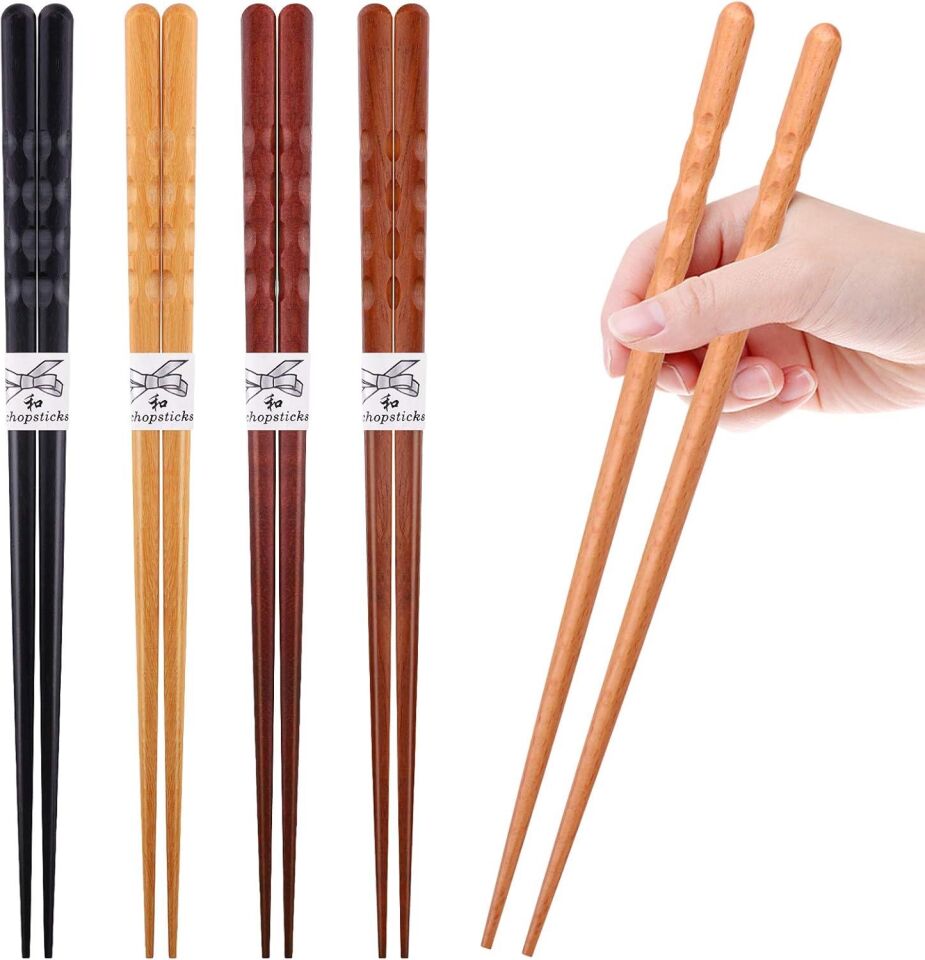 Valkyrie 5 Çift Doğal Ahşap Japon Yemek Çubuğu Seti 22,4 cm Kaymaz El Oyması Kutulu Chopstick Seti