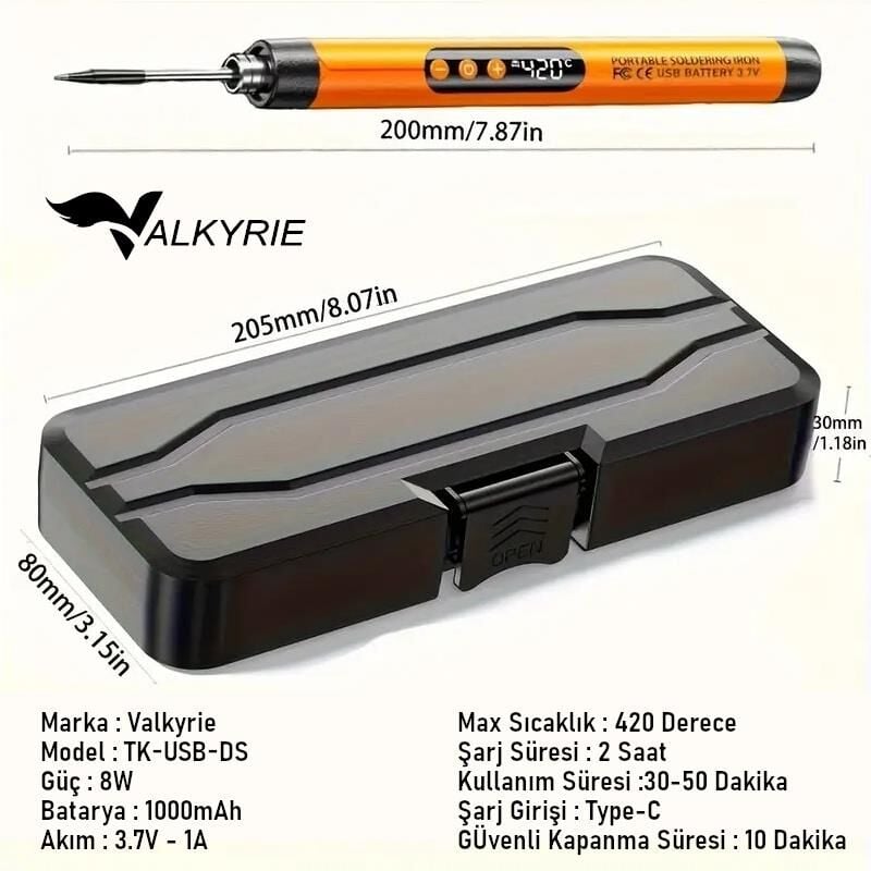 Valkyrie Şarjlı Dijital Ekranlı Havya Seti 420°C Ayarlanabilir Sıcaklık Type-C Hızlı Şarj