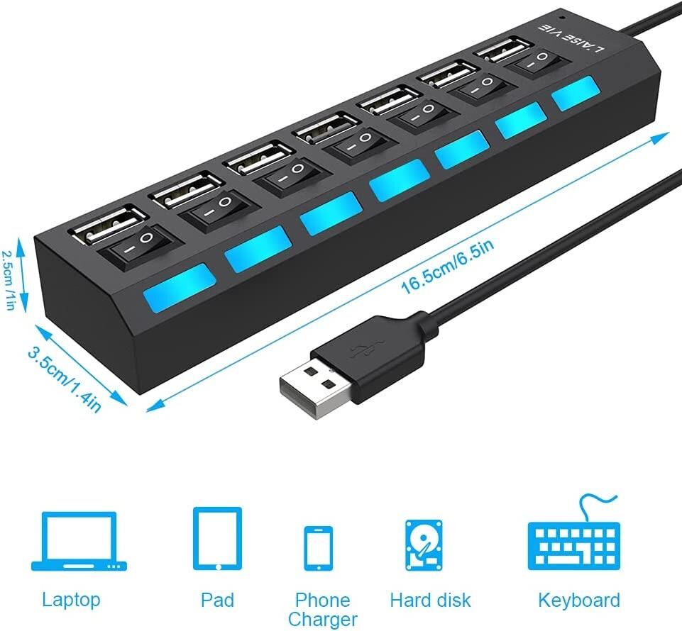 Valkyrie 7 Portlu 2.0 USB Hub Çoklu USB Çoklayıcı Splitter Power Tuşlu Adaptör Siyah