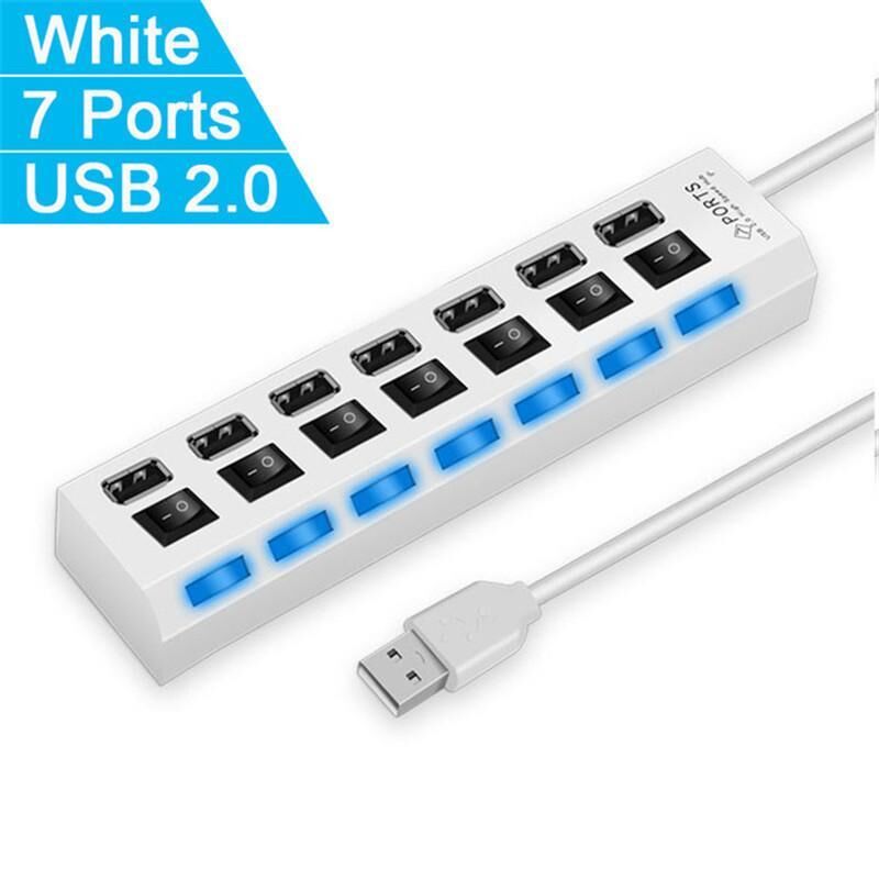 Valkyrie 7 Portlu 2.0 USB Hub Çoklu USB Çoklayıcı Splitter Power Tuşlu Adaptör Beyaz