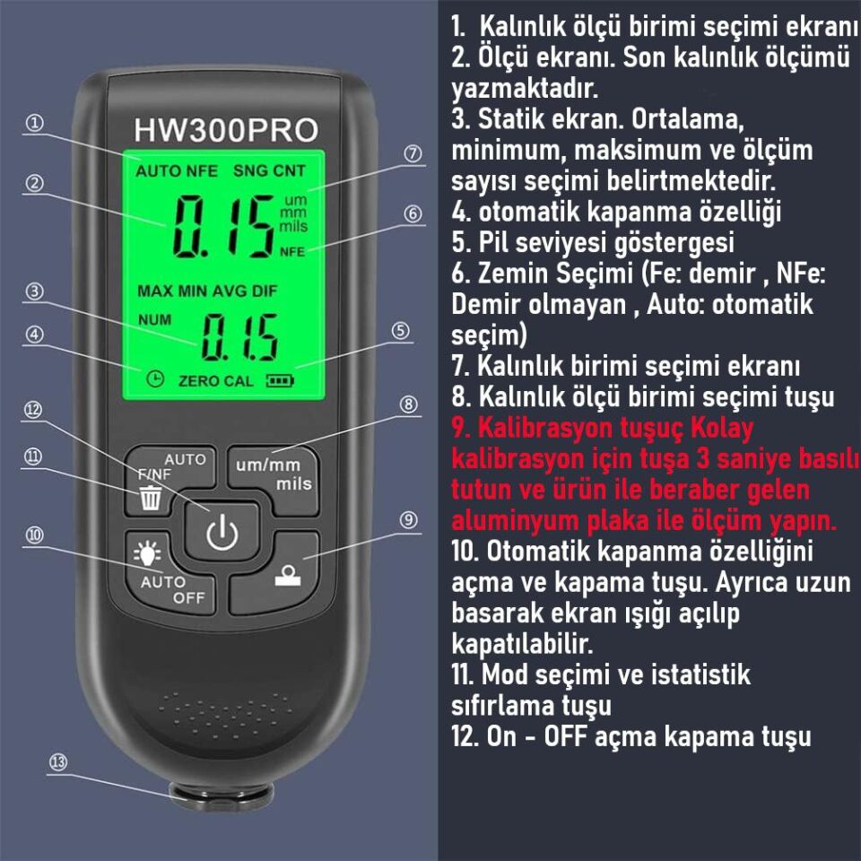 Valkyrie HW-300 Pro Kaplama Kalınlığı Ölçer – 0-2000 µm Ölçüm Aralığı, FE/NFE Algılama, Arka Aydınlatmalı LCD