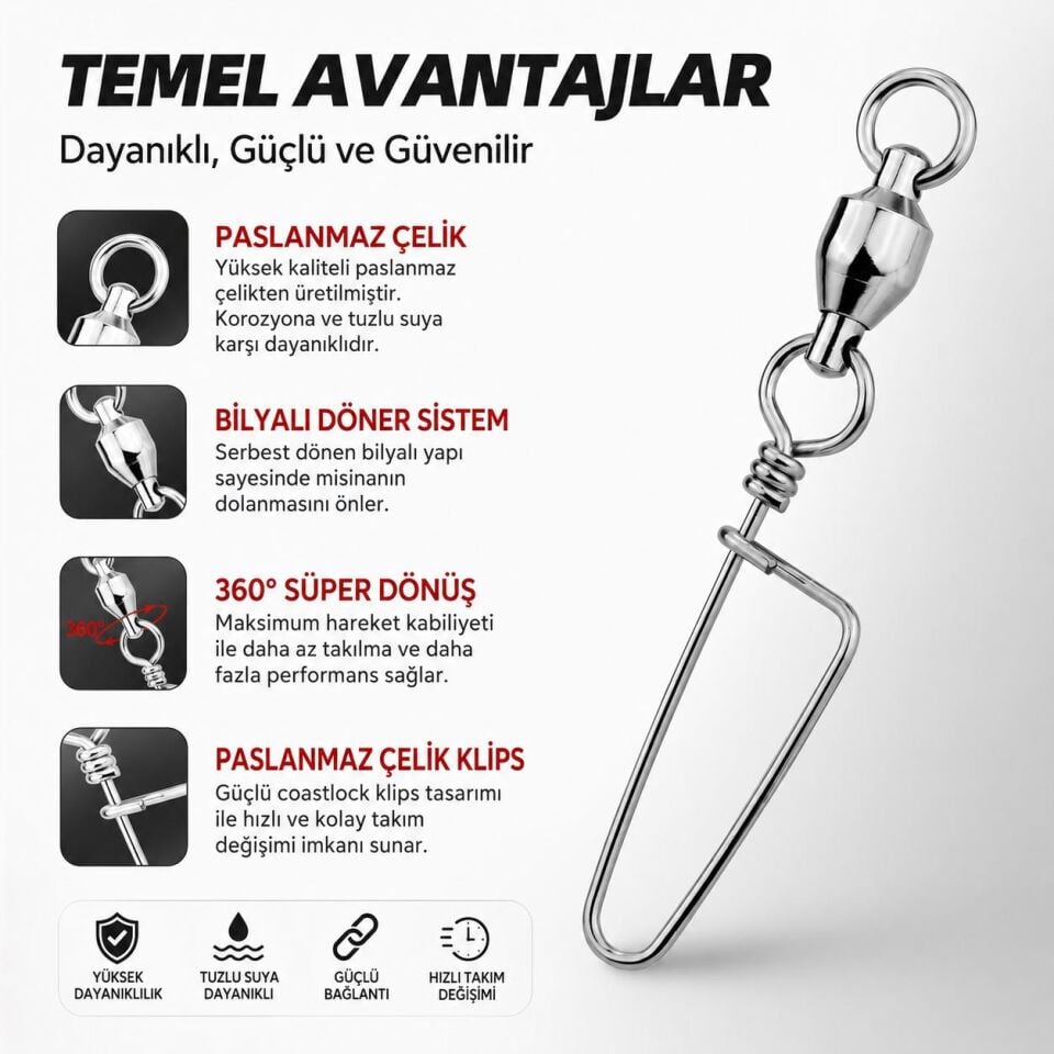 Valkyrie 25 Adet Rulmanlı Döner Klips Coastlock Snap – 360° Paslanmaz Çelik Fırdöndü Seti #2