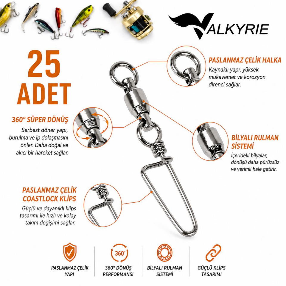 Valkyrie 25 Adet Rulmanlı Döner Klips Coastlock Snap – 360° Paslanmaz Çelik Fırdöndü Seti #2