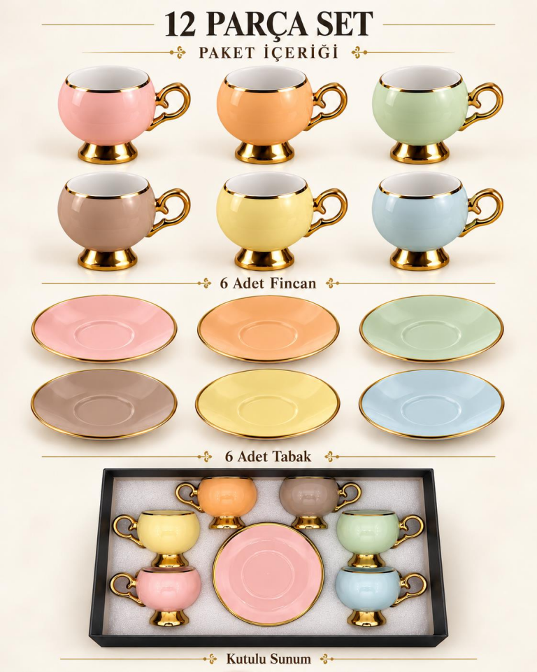 Valkyrie Pastelia Serisi 12 Parça 6 Kişilik Pastel Renkli Gold Ayaklı Türk Kahvesi Fincan Takımı