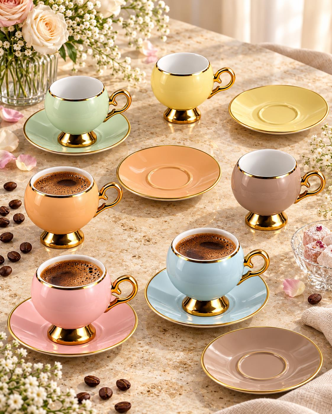 Valkyrie Pastelia Serisi 12 Parça 6 Kişilik Pastel Renkli Gold Ayaklı Türk Kahvesi Fincan Takımı