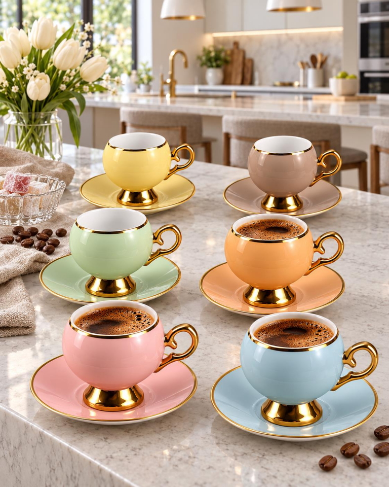 Valkyrie Pastelia Serisi 12 Parça 6 Kişilik Pastel Renkli Gold Ayaklı Türk Kahvesi Fincan Takımı