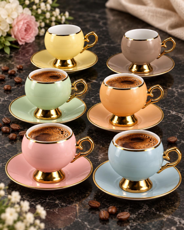 Valkyrie Pastelia Serisi 12 Parça 6 Kişilik Pastel Renkli Gold Ayaklı Türk Kahvesi Fincan Takımı