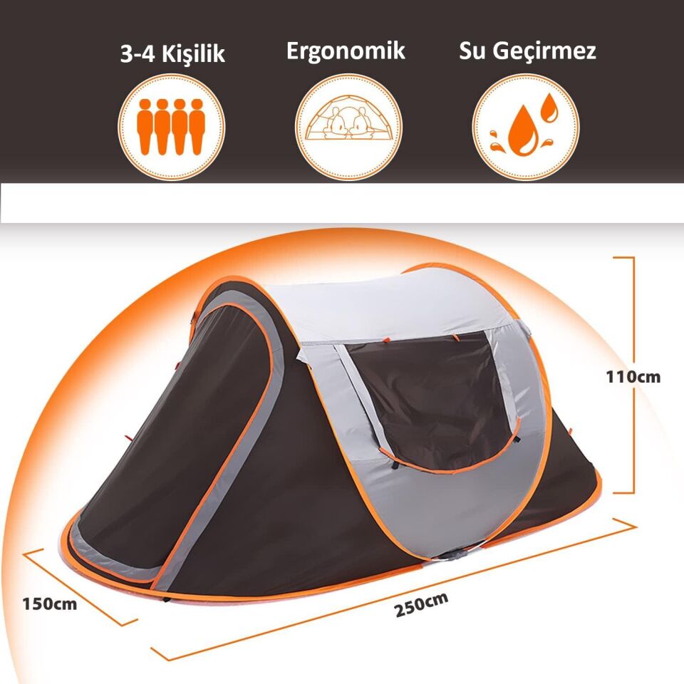 Valkyrie 3-4 Kişilik Hızlı Kurulum Otomatik Kamp Çadırı Sineklikli Çift Pencereli Su Geçirmez 240x150x110cm 4 Mevsim