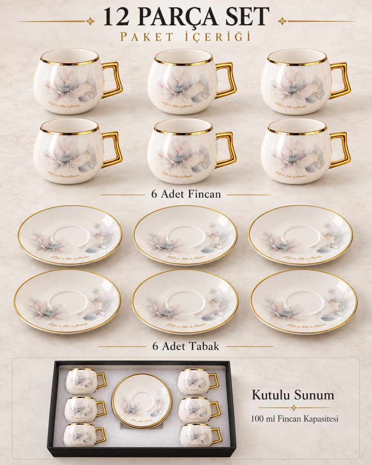 Valkyrie Magnolia Serisi 12 Parça 6 Kişilik 100 ml Gold Çiçek Desenli Türk Kahvesi Fincan Takımı