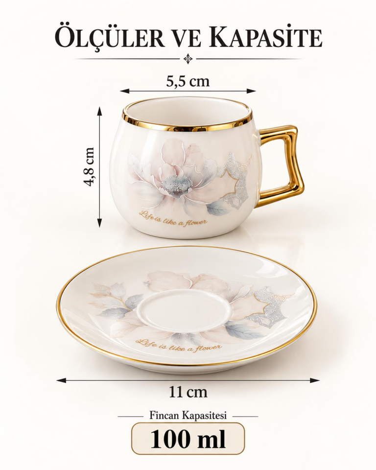 Valkyrie Magnolia Serisi 12 Parça 6 Kişilik 100 ml Gold Çiçek Desenli Türk Kahvesi Fincan Takımı