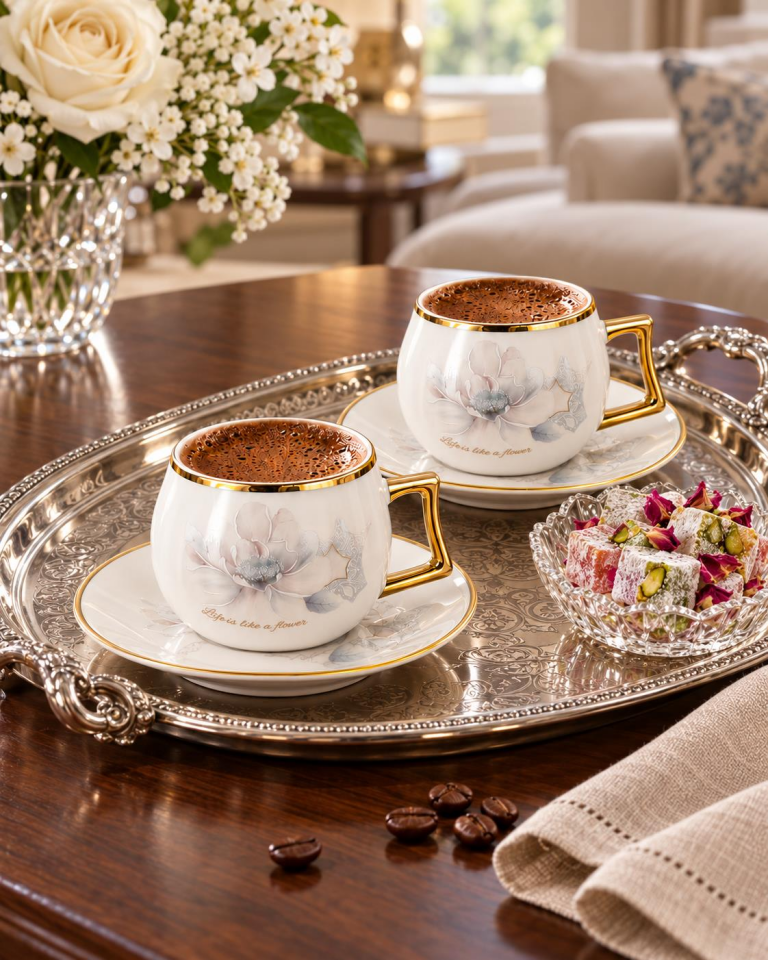 Valkyrie Magnolia Serisi 12 Parça 6 Kişilik 100 ml Gold Çiçek Desenli Türk Kahvesi Fincan Takımı