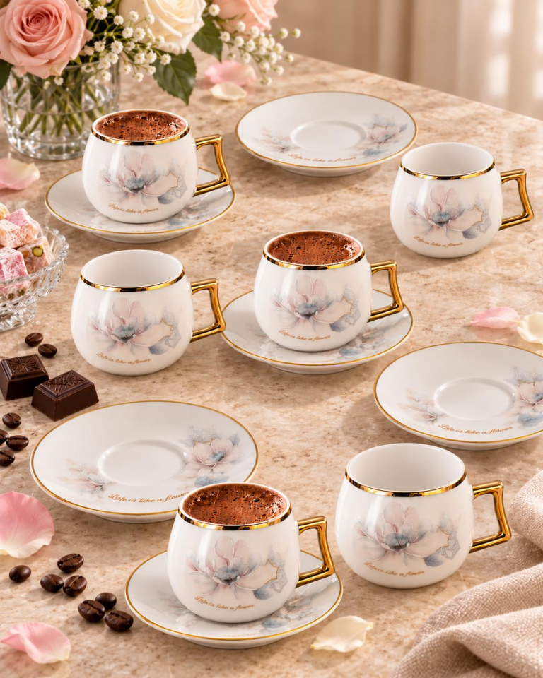 Valkyrie Magnolia Serisi 12 Parça 6 Kişilik 100 ml Gold Çiçek Desenli Türk Kahvesi Fincan Takımı