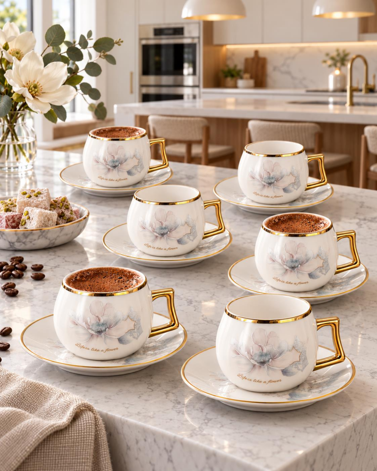 Valkyrie Magnolia Serisi 12 Parça 6 Kişilik 100 ml Gold Çiçek Desenli Türk Kahvesi Fincan Takımı