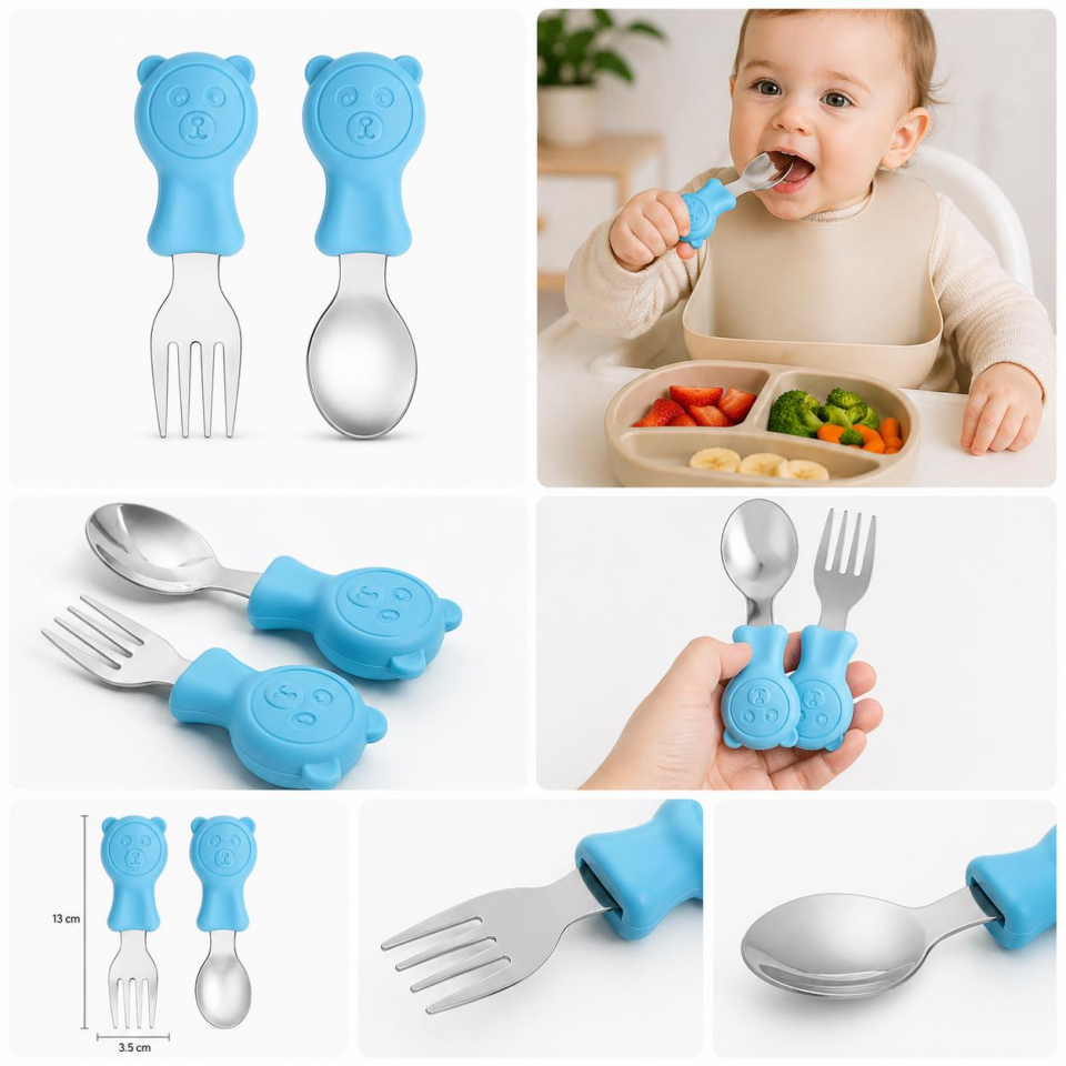 Valkyrie 304 Çelik Panda Bebek Kaşık Çatal SetiSilikon Saplı BPA İçermez Ergonomik Kaymaz Mavi