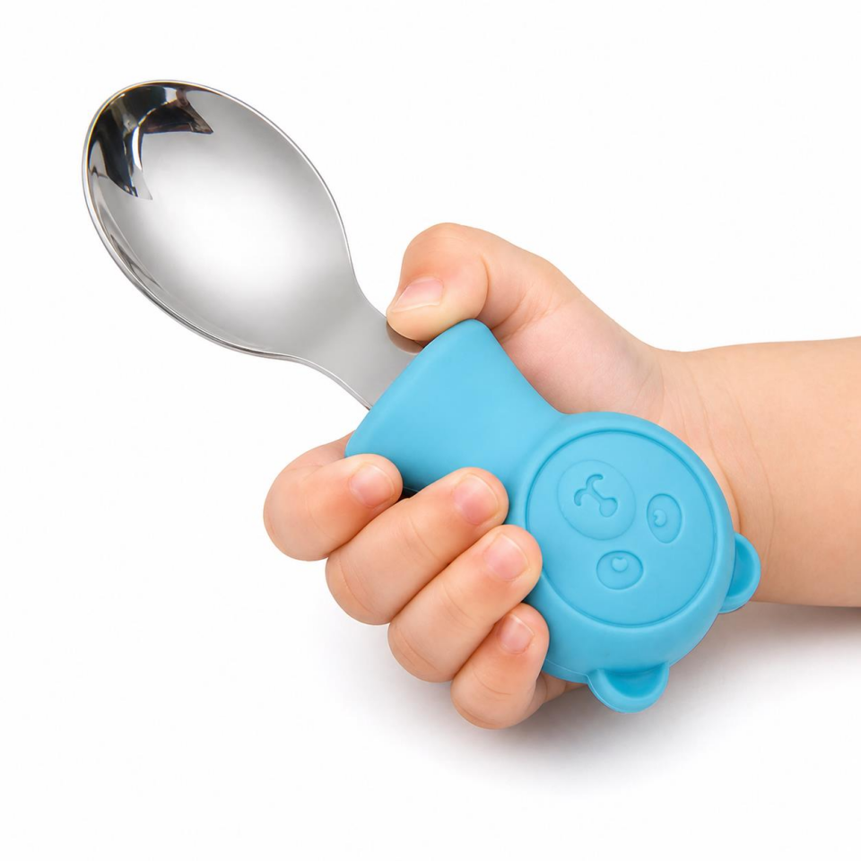 Valkyrie 304 Çelik Panda Bebek Kaşık Çatal SetiSilikon Saplı BPA İçermez Ergonomik Kaymaz Mavi