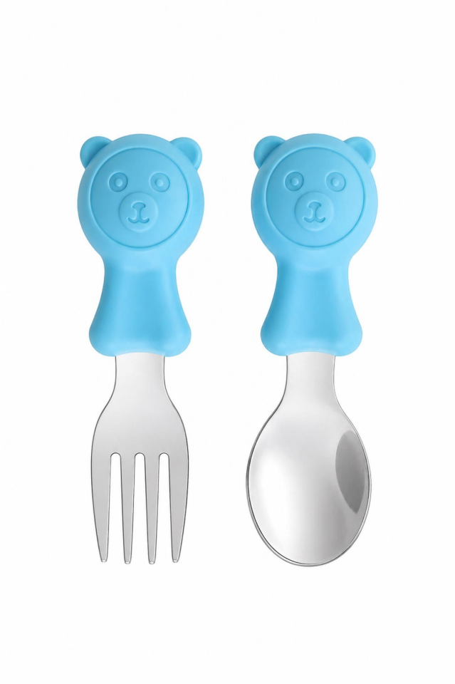 Valkyrie 304 Çelik Panda Bebek Kaşık Çatal SetiSilikon Saplı BPA İçermez Ergonomik Kaymaz Mavi