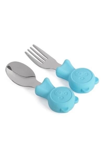 Valkyrie 304 Çelik Panda Bebek Kaşık Çatal SetiSilikon Saplı BPA İçermez Ergonomik Kaymaz Mavi