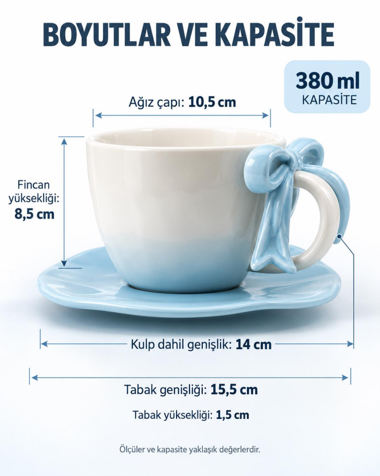 Valkyrie Ribbon Serisi 2 Parça 380 ml Mavi Fiyonklu Tabaklı Çay Kahve Kupa Fincan Seti
