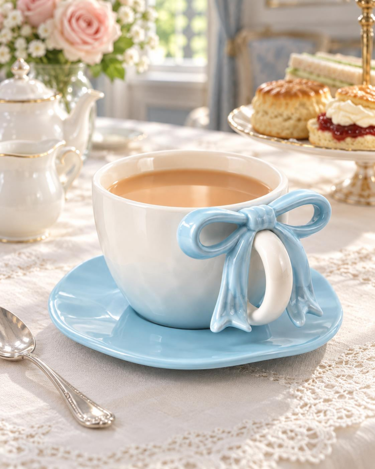 Valkyrie Ribbon Serisi 2 Parça 380 ml Mavi Fiyonklu Tabaklı Çay Kahve Kupa Fincan Seti