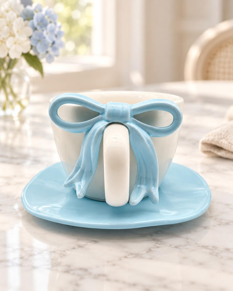 Valkyrie Ribbon Serisi 2 Parça 380 ml Mavi Fiyonklu Tabaklı Çay Kahve Kupa Fincan Seti