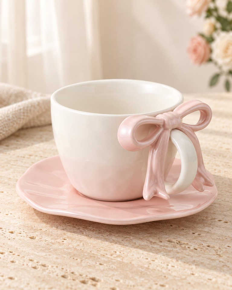 Valkyrie Ribbon Serisi 2 Parça 380 ml Pembe Fiyonklu Tabaklı Çay Kahve Kupa Fincan Seti