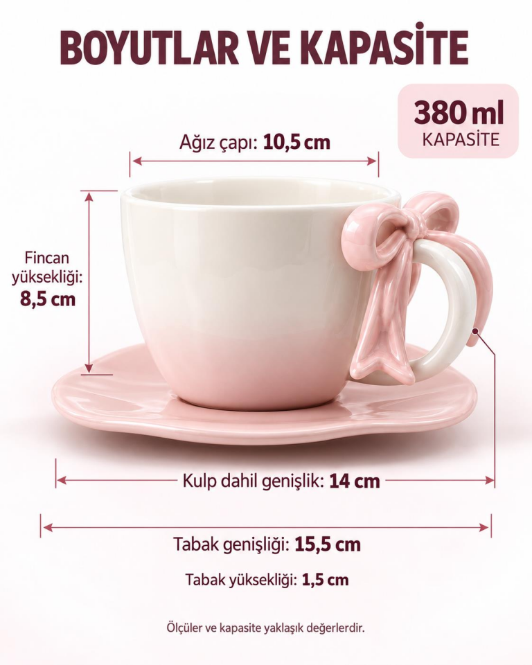 Valkyrie Ribbon Serisi 2 Parça 380 ml Pembe Fiyonklu Tabaklı Çay Kahve Kupa Fincan Seti