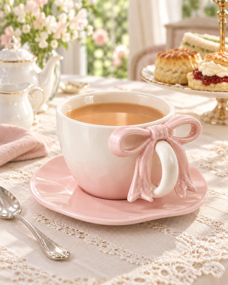 Valkyrie Ribbon Serisi 2 Parça 380 ml Pembe Fiyonklu Tabaklı Çay Kahve Kupa Fincan Seti