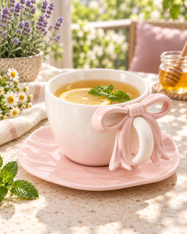 Valkyrie Ribbon Serisi 2 Parça 380 ml Pembe Fiyonklu Tabaklı Çay Kahve Kupa Fincan Seti