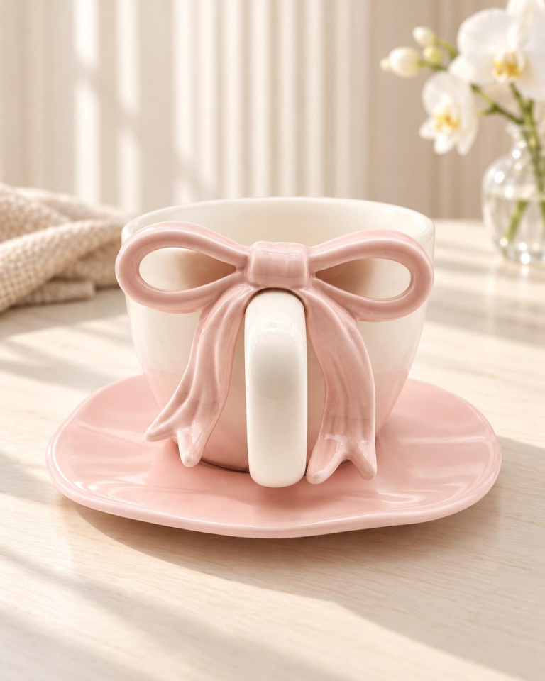Valkyrie Ribbon Serisi 2 Parça 380 ml Pembe Fiyonklu Tabaklı Çay Kahve Kupa Fincan Seti