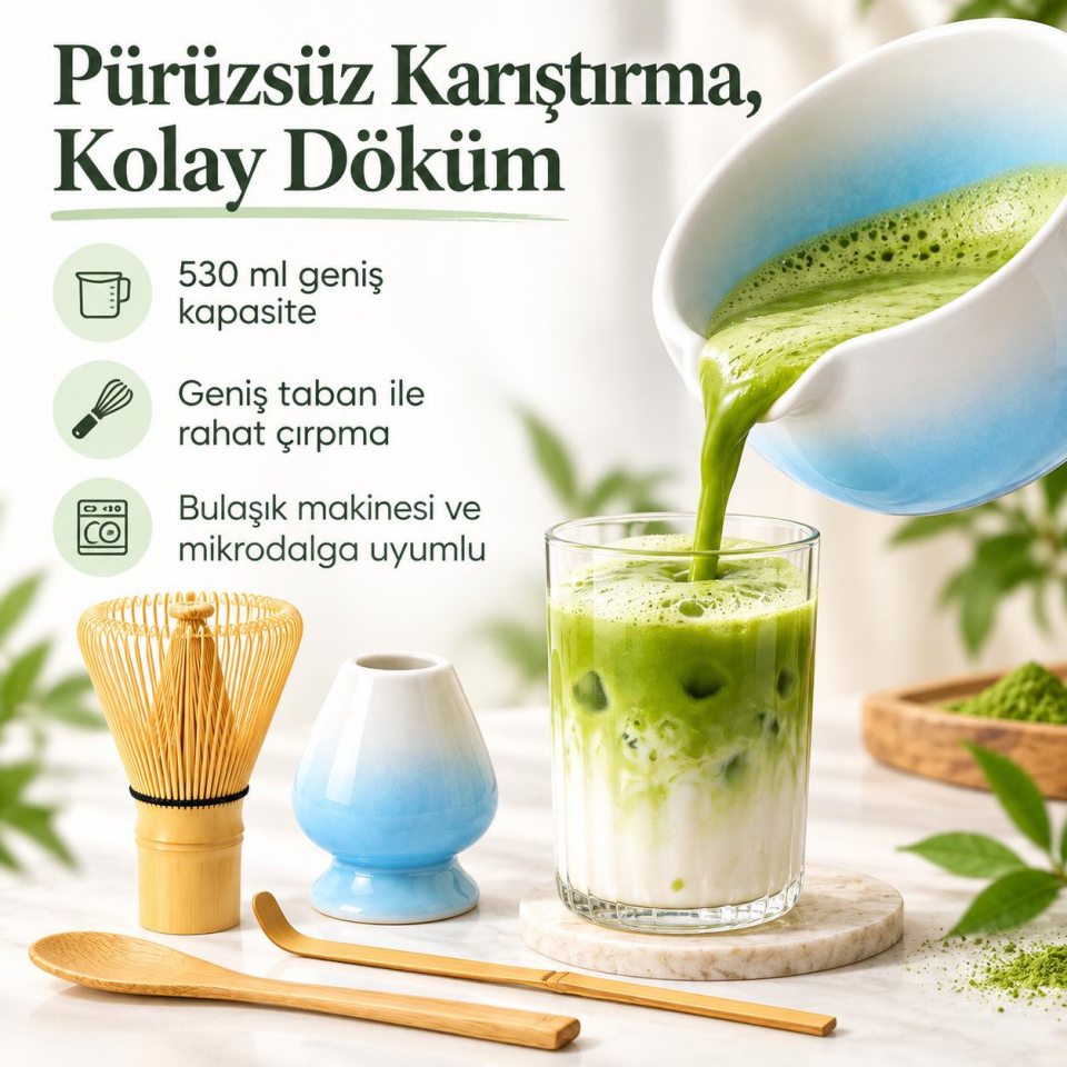 Valkyrie 6 Parça Matcha Hazırlama Seti 530 ml Seramik Kase Bambu Çırpıcı Stand ve Süzgeç Mavi Beyaz