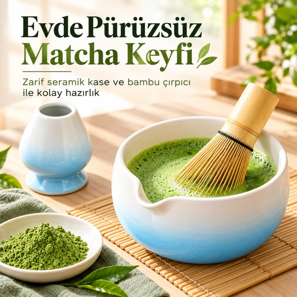 Valkyrie 6 Parça Matcha Hazırlama Seti 530 ml Seramik Kase Bambu Çırpıcı Stand ve Süzgeç Mavi Beyaz