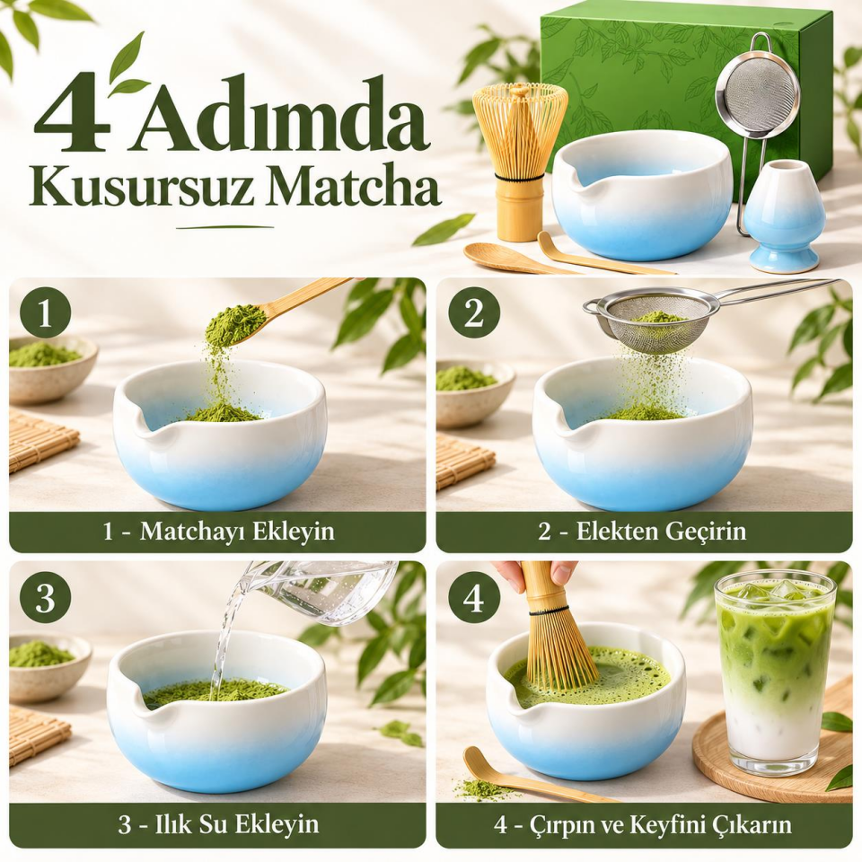 Valkyrie 6 Parça Matcha Hazırlama Seti 530 ml Seramik Kase Bambu Çırpıcı Stand ve Süzgeç Mavi Beyaz