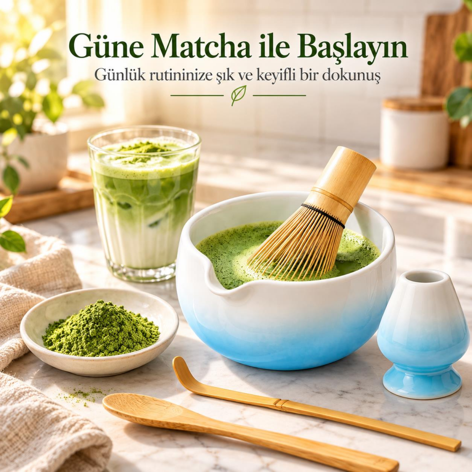 Valkyrie 6 Parça Matcha Hazırlama Seti 530 ml Seramik Kase Bambu Çırpıcı Stand ve Süzgeç Mavi Beyaz