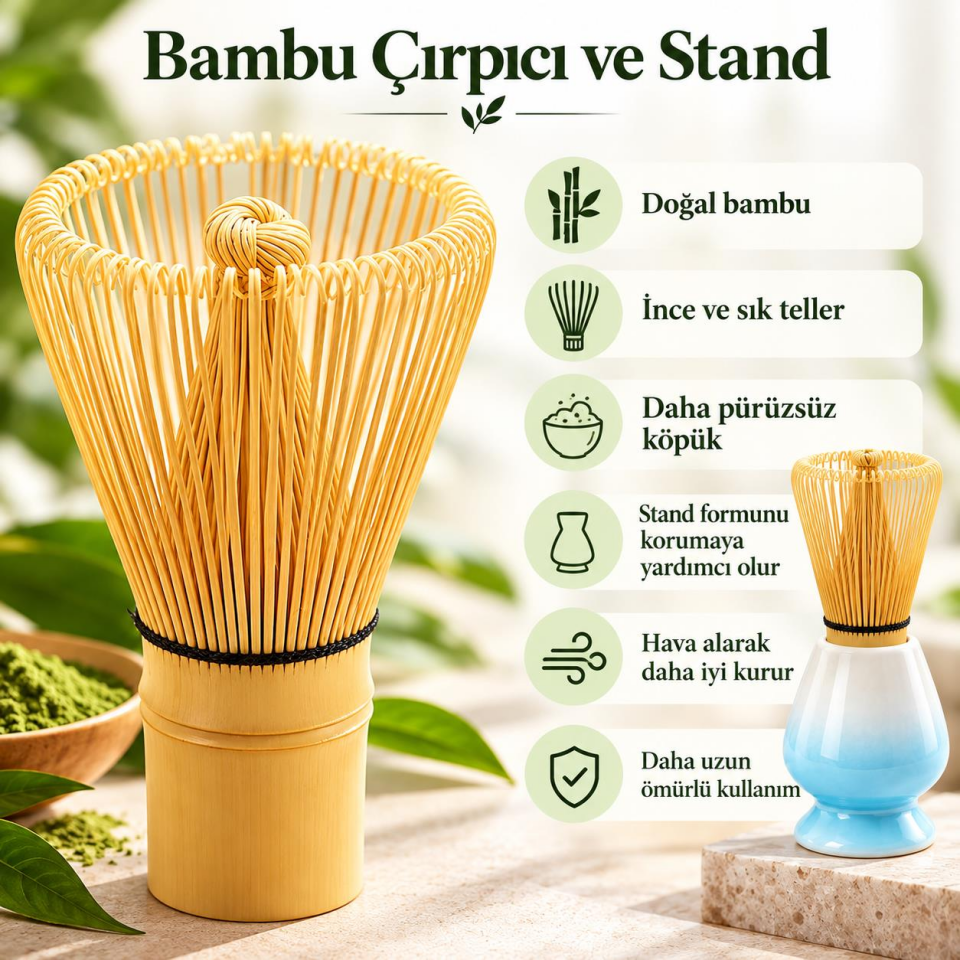 Valkyrie 6 Parça Matcha Hazırlama Seti 530 ml Seramik Kase Bambu Çırpıcı Stand ve Süzgeç Mavi Beyaz