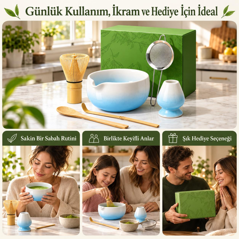Valkyrie 6 Parça Matcha Hazırlama Seti 530 ml Seramik Kase Bambu Çırpıcı Stand ve Süzgeç Mavi Beyaz