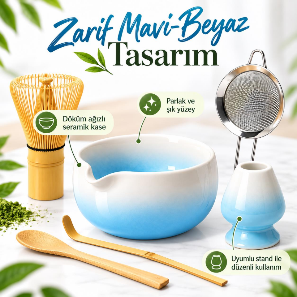 Valkyrie 6 Parça Matcha Hazırlama Seti 530 ml Seramik Kase Bambu Çırpıcı Stand ve Süzgeç Mavi Beyaz