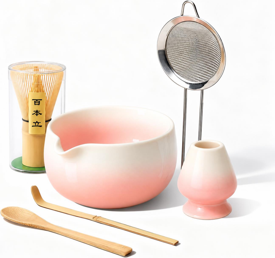 Valkyrie 6 Parça Matcha Hazırlama Seti 530 ml Seramik Kase Bambu Çırpıcı Stand ve Süzgeç Pembe Beyaz