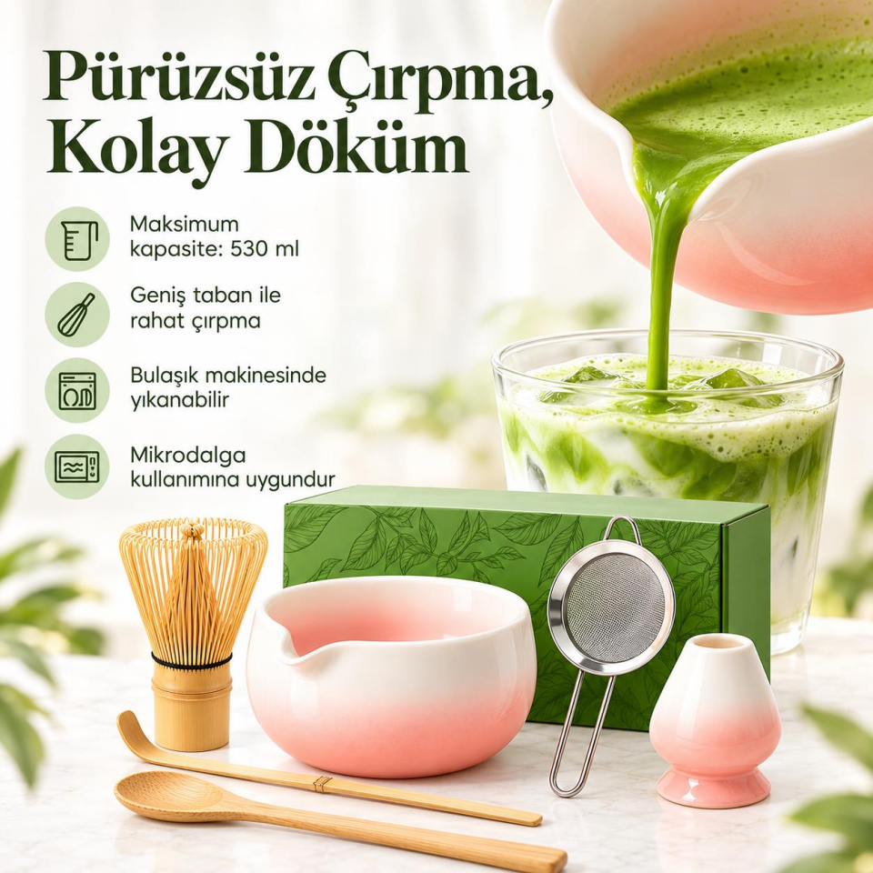 Valkyrie 6 Parça Matcha Hazırlama Seti 530 ml Seramik Kase Bambu Çırpıcı Stand ve Süzgeç Pembe Beyaz