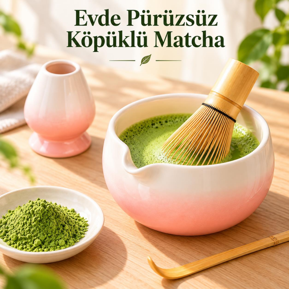 Valkyrie 6 Parça Matcha Hazırlama Seti 530 ml Seramik Kase Bambu Çırpıcı Stand ve Süzgeç Pembe Beyaz