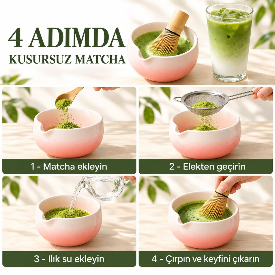 Valkyrie 6 Parça Matcha Hazırlama Seti 530 ml Seramik Kase Bambu Çırpıcı Stand ve Süzgeç Pembe Beyaz