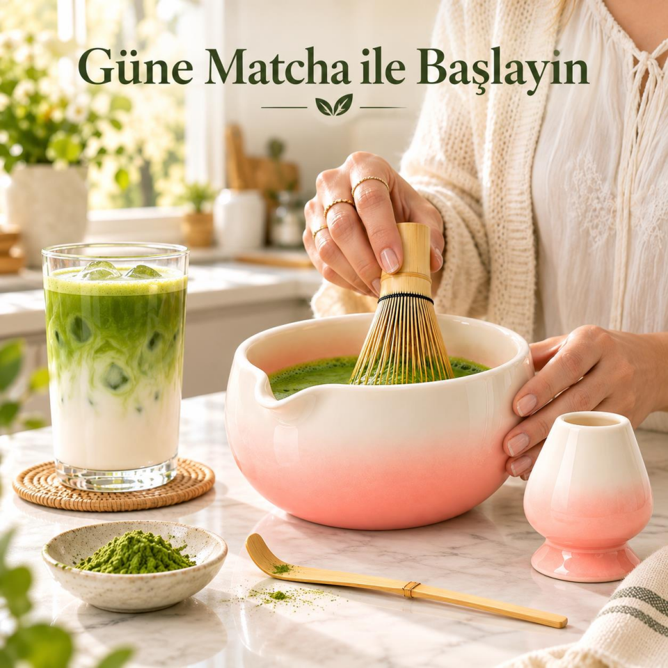 Valkyrie 6 Parça Matcha Hazırlama Seti 530 ml Seramik Kase Bambu Çırpıcı Stand ve Süzgeç Pembe Beyaz