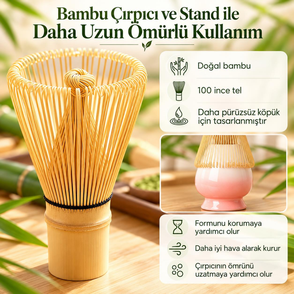 Valkyrie 6 Parça Matcha Hazırlama Seti 530 ml Seramik Kase Bambu Çırpıcı Stand ve Süzgeç Pembe Beyaz