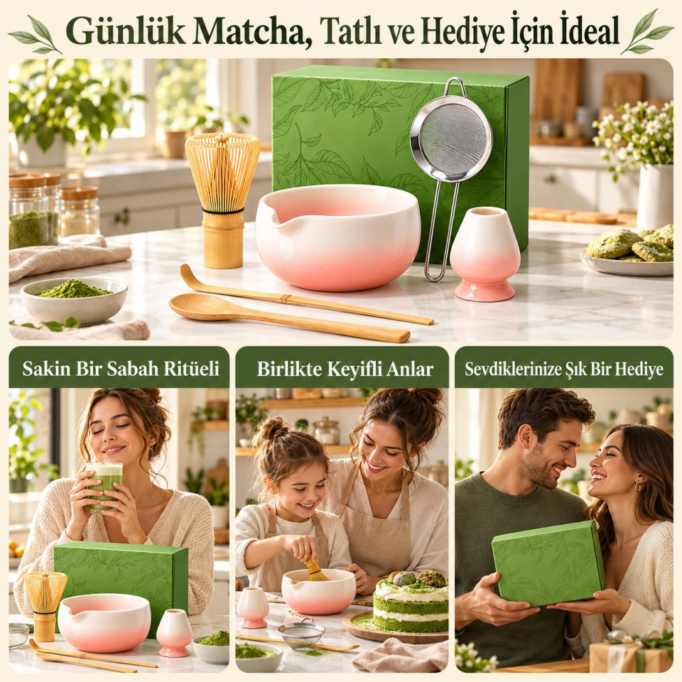 Valkyrie 6 Parça Matcha Hazırlama Seti 530 ml Seramik Kase Bambu Çırpıcı Stand ve Süzgeç Pembe Beyaz