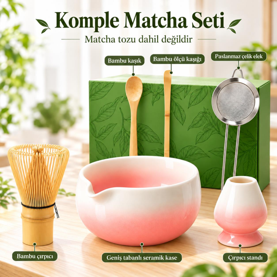 Valkyrie 6 Parça Matcha Hazırlama Seti 530 ml Seramik Kase Bambu Çırpıcı Stand ve Süzgeç Pembe Beyaz